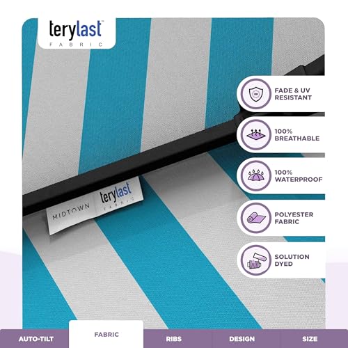 Midtown Umbrellas The Lean 9 Feet Outdoor Umbrella With Terylast Cobalt Stripes (Blue/White Stripes) Polyester Fabric - Auto-Tilt Aluminum Frame Patio Umbrella For Deck, Garden, Pool - Black Pole - color: Terylast Fabric - Cobalt Stripes, size: 9 Foot