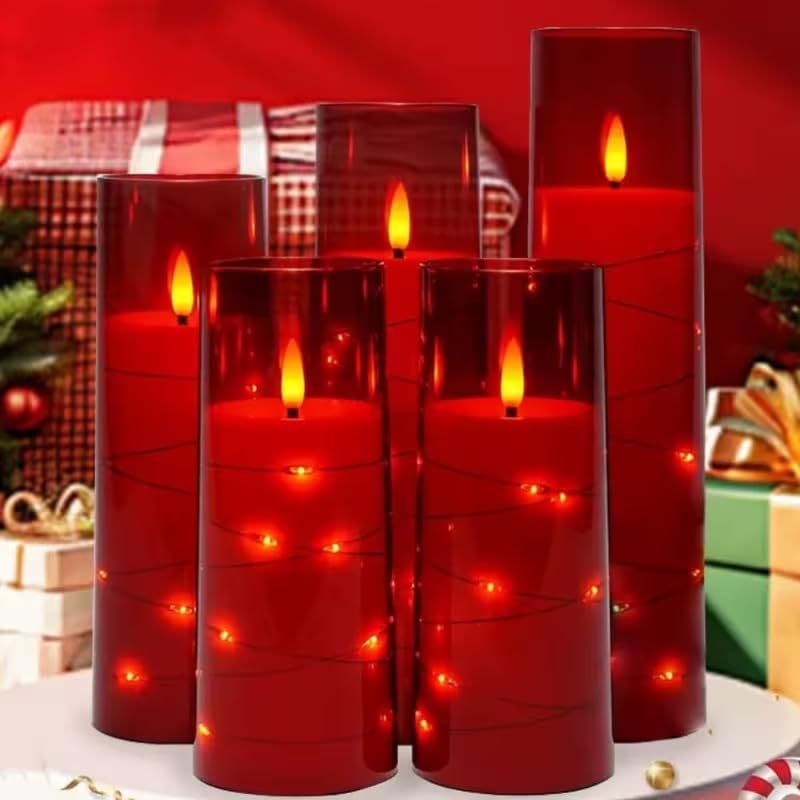 Enido 10 Pc Flameless LED Candles with Remote & Timer, Battery Operated Acrylic Pillar Set, Flickering Electric Lights with Embedded Star String for Cozy Home & Holiday Romantic Decor (Matte Red) - color: Red