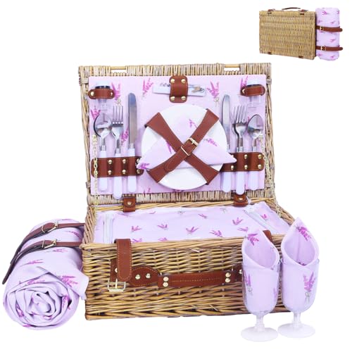 Neti Neti Wicker Picnic Basket for 4 with Insulated Cooler & Waterproof Blanket – Large Willow Picnic Hamper for Outdoor, Camping, Beach, Romantic Dates, Valentine’s Day - color: Purple Flowers