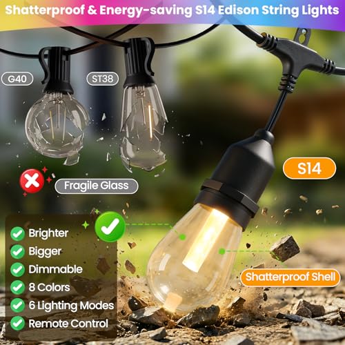 Larkvue 96FT(2X48FT) RGBW Outdoor String Lights with Remote, Patio Lights with 30+3 Vintage S14 Dimmable Waterproof Bulbs for Xmas Bistro Cafe Outside - color: Black