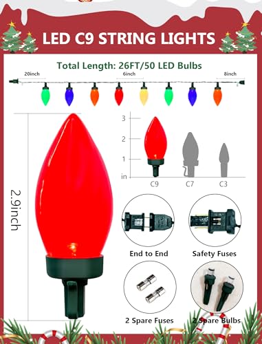 C9 Christmas String Lights Outdoor, 26FT 50 LED Vintage Multicolor Fairy Lights, Plug in UL Listed Waterproof Connectable Christmas Tree Lights for Home, Roofline, Garden, Patio Decor, Green Wire - color: Solid Multicolor