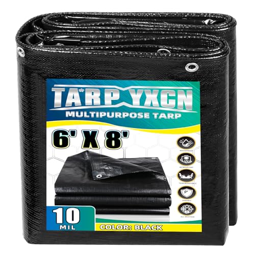 Black Tarp 6x8 Feet, 10 Mil Thick Waterproof Poly Tarps Cover UV Resistant, Rip & Tear Proof with Metal Grommets Every 20 Inches - color: Black, size: 6x8 Ft