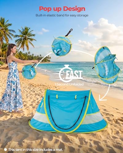 Poray Portable Baby Beach Tent with UPF 50+ Sun Shelter,Mosquito Net and Sunshade, Ideal Pop Up Kids Travel Tent with Carry Bag & 2 Stakes,Outdoor Indoor Play and Sun Protection - style: Large Deluxe Blue & Mat