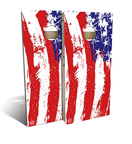 Slick Woody's Professional-Grade Cornhole Boards - 4'x2' Solid Wood Regulation Man Cave + Beer Branded Corn Hole Toss Game with 8 Resin Filled Bags - color: Painted American Flag