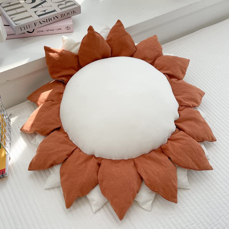 27.5" 3D handmade stitching sunflower shaped pillow flat round flower floor pillow pure cotton patio furniture cushion bedroom sofa bed decoration (White Orange) - color: White Orange