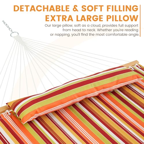Lazy Daze Hammocks 12 FT Quilted Fabric Double Hammock with Spreader Bars and Detachable Pillow, 450lbs Weight Capacity, Vivid Stripe - color: Vivid Stripe