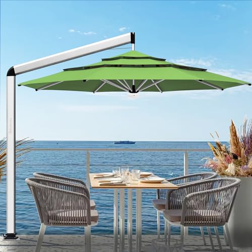 EliteShade USA Atlas 3-Tier 11FT Full Aluminum Cantilever Patio Umbrella for Outdoor Restaurant Garden Courtyard Deck Pool and Marketing with Light (No battery), Macaw Green - color: Macaw Green, style: 11FT Atlas
