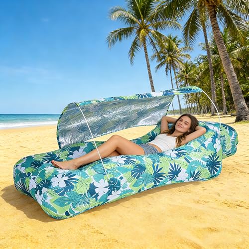 Inflatable Couch,Air Sofa with Sun-Shade Design,Built-in Storage,Ripstop Polyester&Stability Pegs,Portable Air Lounger for Beach,Camping,Easy to Carry,2 Inflation Ways(Included Pump)Leaf Green - color: Leaf Green