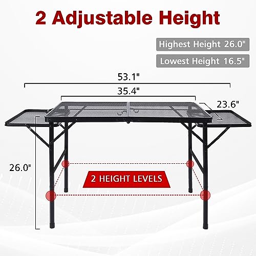 JOUYEK Folding Grill Table, 3x2 FT Portable Camping Table with 2 Wing Panels, Height Adjustable Metal Tables with Mesh Desktop and Mesh Bag, Outdoor Furniture for Camping, Picnic, Beach and BBQ, Black - style: 3X2 FT with 2 panels