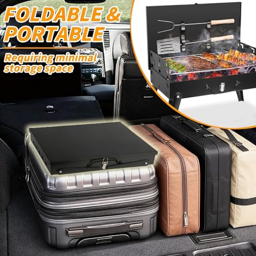 Portable Charcoal BBQ Grill Kit, Foldable Camping Mini Grill for Outdoor Cooking, Compact Design Barbecue Accessories with Barbecue Tools, Perfect for Beach, Backyard, Picnics (Mini Grill)