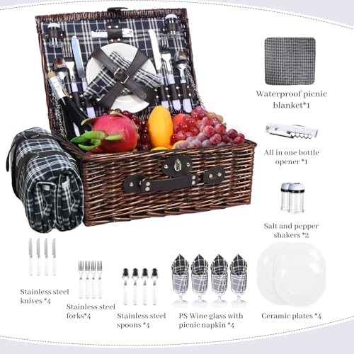 Neti Neti Wicker Picnic Basket for 4 with Insulated Cooler & Waterproof Blanket – Large Willow Picnic Hamper for Outdoor, Camping, Beach, Romantic Dates, Valentine’s Day - color: Black & White Checkerboard