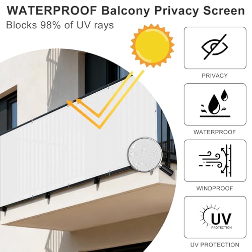 SUNNY GUARD 2.5'x10' White Waterproof Balcony Privacy Screen Fence, Apartments Railing Heavy Duty Wind Screen for Outdoor,Deck,Backyard,Patio Privacy - color: White, size: 0 2.5' X 1 0'-waterproof