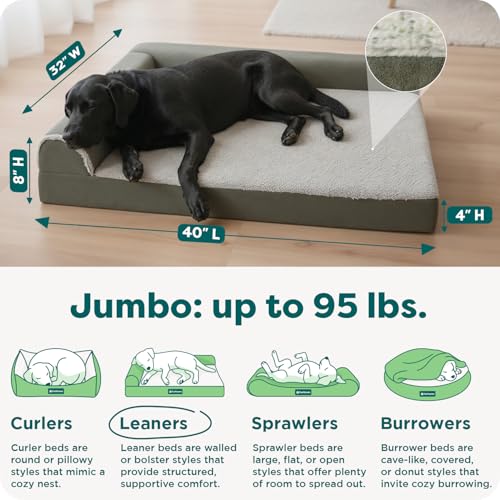 FurHaven Cooling Gel Dog Bed for Large Dogs, L-Shaped Chaise with Cool Gel-Top Foam with a Solid Orthopedic Foam Base for Joint Support, Washable Cover, Jumbo XL, Plush Faux Fur & Suede, Dark Sage - color: (Two-Tone Faux Fur & Suede) Dark Sage, size: Jumb