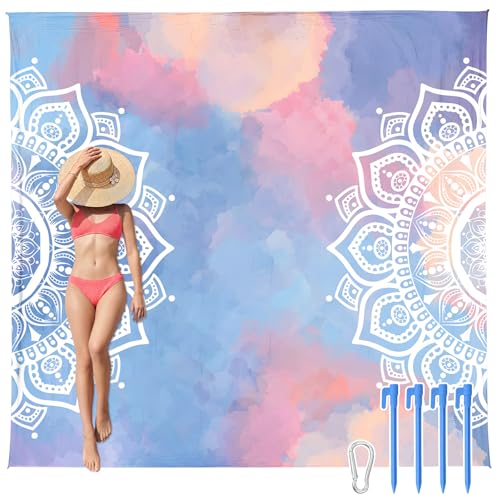 AlphaBeing Beach Blanket Waterproof Sandproof, Extra Large Beach Mat for 1–8 Adults, Oversized Picnic Blanket with 4 Stakes & Storage Bag, Essential Beach Gear for Travel - color: Mandala, size: 120“×108”