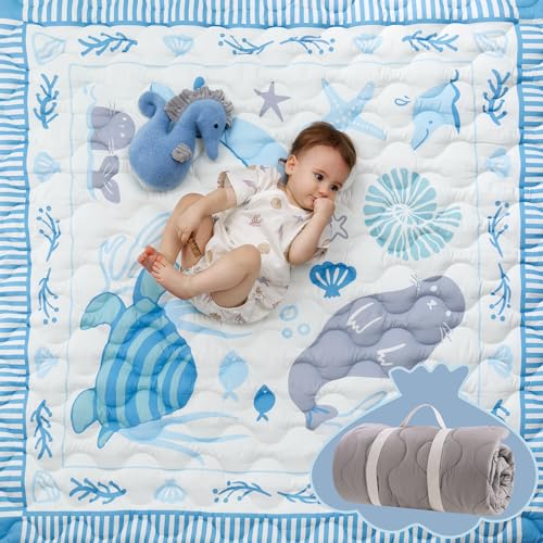 Momcozy Baby Play Mat for Floor, 50"x50" Thickened Playpen Mat, Playmate for Baby Tummy Time, Waterproof & Non-Slip, Foldable Outdoor Mat with Carrying Handle, Ocean Theam - color: Blue Ocean