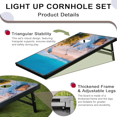 LED Cornhole Set, 3 x 2ft / 4 x2 ft Cornhole Board Game Set, Corn Hole Outdoor Game, Multi-Design with Light-Up Border, 8 Bean Bags, Carrying Case for Backyard, Beach, Lawn - color: Beach, size: 4'x2'