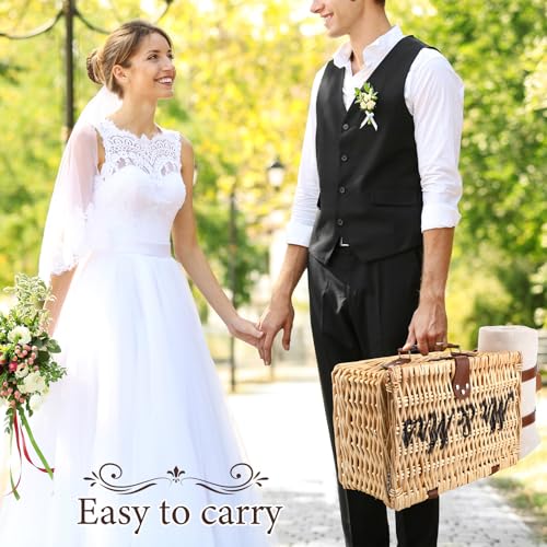 Picnic Basket for 2, Engagement Wedding Bridal Shower Gifts for Couples Bride, Wicker Picnic Basket with Waterproof Blanket & Insulated Liner Willow Hamper Set for Mr and Mrs Outdoor Camping