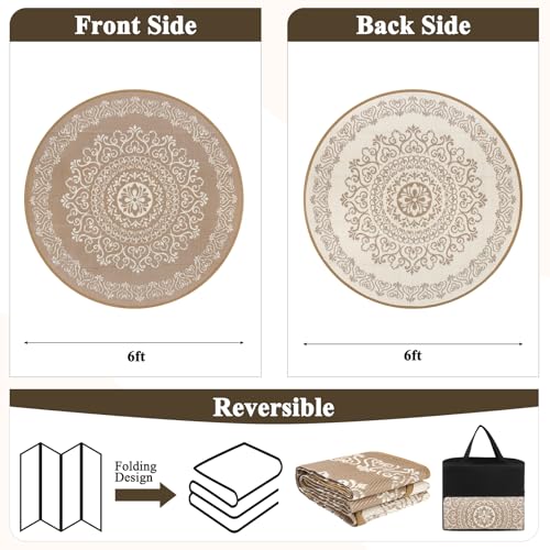 Pauwer Waterproof Outdoor Rug 6ft, Reversible Plastic Straw Patio Camping Rug, Indoor Outdoor RV Mat Carpet for Deck, Camper, Porch, Balcony, Backyard, Picnic, Floral Brown - color: Floral Brown, size: 6' (Round)
