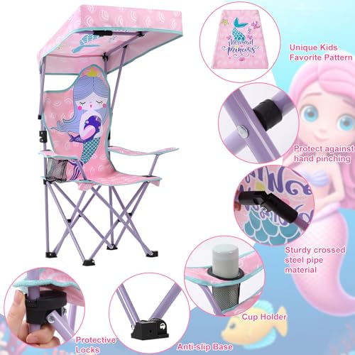 KABOER Kids Outdoor Folding Lawn and Camping Chair with Cup Holder and Carrying Bag, Children's Camping Chairs - color: Mermaid With Canopy