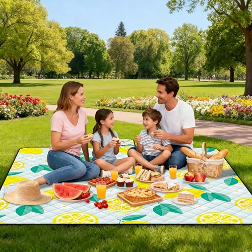 Extra Large Picnic Blanket Waterproof,80"x 80"Foldable Machine Washable Beach Blankets,Outdoor Blanket for 6-8 Adults,Picnic Mat Suitable for Indoor Crawling,Park Beach,Camping,Hiking,Travel(Lemon) - color: Yellow Lemon, size: 6'8" x 6'8" (Square)