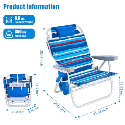 SUNNYFEEL Low Beach Chair 5 Position Lay Flat, Portable Folding Backpack Beach Chairs Heavy Duty with Cooler Bag, Cup Holder for Outdoor/Lawn/Picnic/Fishing, Foldable Camping Chair (New BlueStripe) - color: Blue Stripes, size: 1-pack