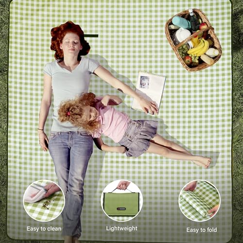 HX&OD Outdoor Picnic Blanket 80"X80" Picnic Mat Extra Large Camping Blanket Beach Blanket Foldable Waterproof Sand Mat Hiking Travel Family Concerts(Green) - color: Green, size: 80”x 80”