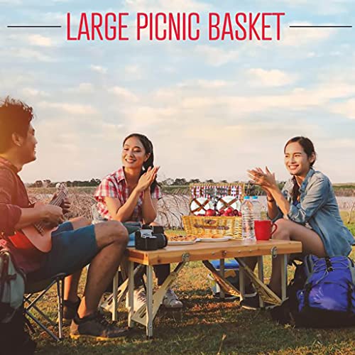 Willow Picnic Basket with Deluxe Service for 4 Persons,Willow Picnic Set with Insulation Bag & Cutlery Service Kit,Natural Wickerr Basket for Camping,Trips,Outdoor Activities
