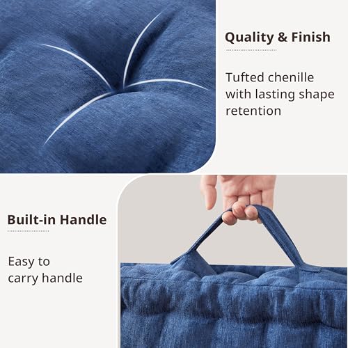 Intelligent Design Large Floor Pillow for Adults Yoga or Meditation Cushion with Handle, Floor Cushion for Board Games, Lustrous Chenille Tufted, Handsewn Scalloped Edge, Azza, 24" x 24" x 5" Navy - color: Square Navy With Handle, size: 24"W x 24"L x 5"H