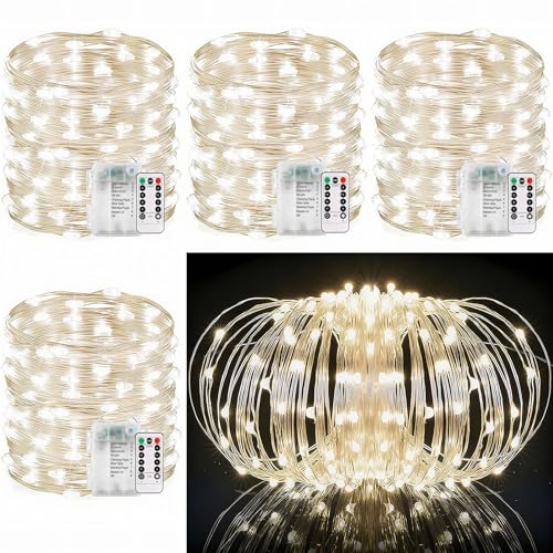 33Ft String Lights Battery Operated with Remote Control Timer, 100LED 4 Pack Waterproof 8 Modes Copper Wire Twinkle Fairy Lights for Bedroom Indoor Outdoor Wedding Dorm Christmas Decorations - style: Modern