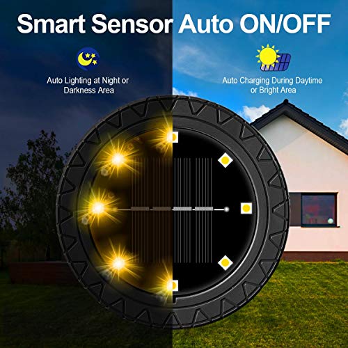 Solar Powered 8 Pack Outdoor LED Disk Lights - IP68 Waterproof, Non-Slip, Wear-Resistant Pathway Lights (Warm White) - size: 8 Pack