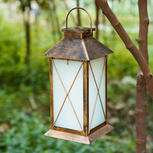 2 Pack Solar Lantern with Flickering Flame Candle, 13" Outdoor Waterproof Solar Lanterns Garden Decorative, Glass Hanging Lantern Metal for Outdoor Patio Yard Tabletop Decoration Mothers Day Gifts Mom - style: Bronze-Cross02