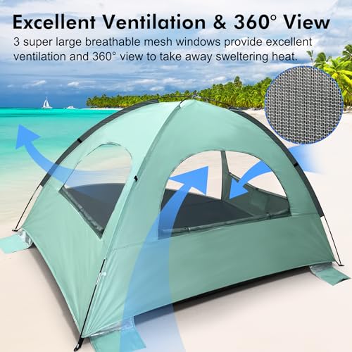WhiteFang Beach Tent Anti-UV Portable Sun Shade Shelter for 3/4/6/8 Person, Extendable Floor with 3 Ventilating Mesh Windows Plus Carrying Bag, Stakes and Guy Lines - color: Mint Green, size: 8 Person