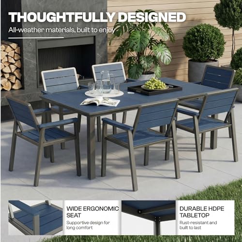 7 Piece Patio Dining Set for 6, Outdoor HDPE Table and Chairs with Umbrella Hole, All Weather Outdoor Furniture for Backyard, Deck, Lawn, Poolside, Blue - color: Blue