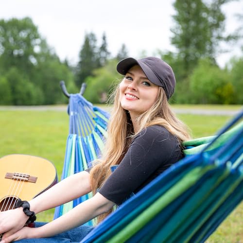 SUNCREAT Portable Outdoor Hammock with Stand Included, Double Hammock with Stand for Outside, Blue & Green Stripes - color: Blue &Green