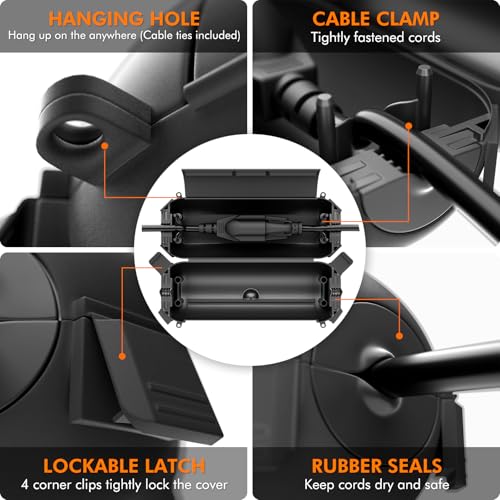 Restmo 4 Pack Mini IP44 Waterproof Outdoor Connection Box with Lockable Latches and Mounting Holes, Weatherproof Extension Cord Safety Cover for Outdoor Plugs, Lights, Cables, Wires, Size Small, Black - color: Black, size: 4 Pack