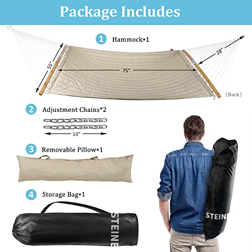 Double Hammock, 11 FT Quilted Fabric 2 Person Hammock for Outside with Pillow, Folding Curved Spreader Bar, Chains, Carrying Bag, Indoor Outdoor, 450 IB Capacity, Trinidad Red - color: Trinidad Red