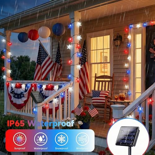 4th of July Twinkle Solar Star String Lights Decorations Outdoor Waterproof Fairy Lights 39FT Red White and Blue 100 LED with 8 Lighting Modes for Independence Day President Day Memorial Day - color: Red-Blue-White