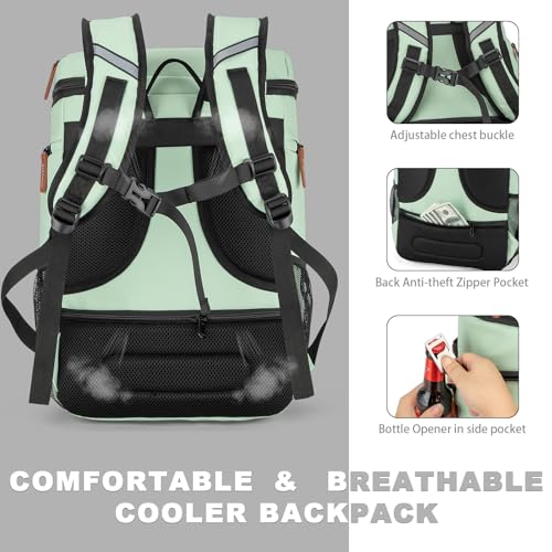 BAGPARKK Insulated Cooler Backpack,33/45 Cans Multifunctional Double Deck Leakproof Cooler Bag with Sternum Strap,Large Capacity Lightweight Travel Camping Beach Backpack - color: Mint Green, size: 33Can