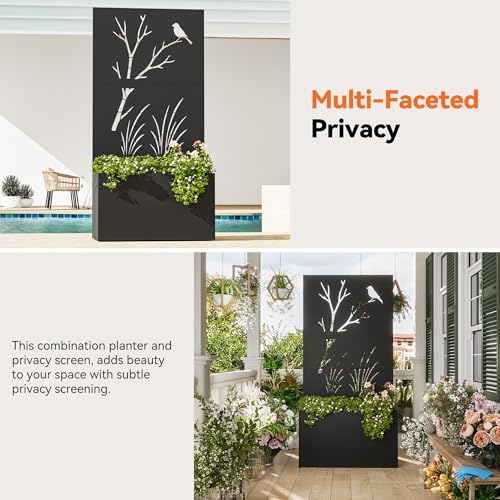 Modern Shade Metal Planter Box with Trellis Privacy Screen, 6x3 FT Large Raised Garden Bed, Multi-Functional Privacy Screen Outdoor with Drainage Holes for Climbing Plants, Perch Meadow - size: 1 PC (Perch & Meadow) with Planter Box
