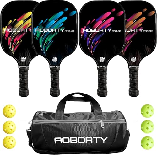 AOBORTY Pickleball Paddles 4 Pack - USAPA Light Graphite Premium Rackets Fiber Face & Polymer Honeycomb Core Pickleball Set with 4 Outdoor Indoor Balls Including Portable Carry Bag - color: Phoenix Tail