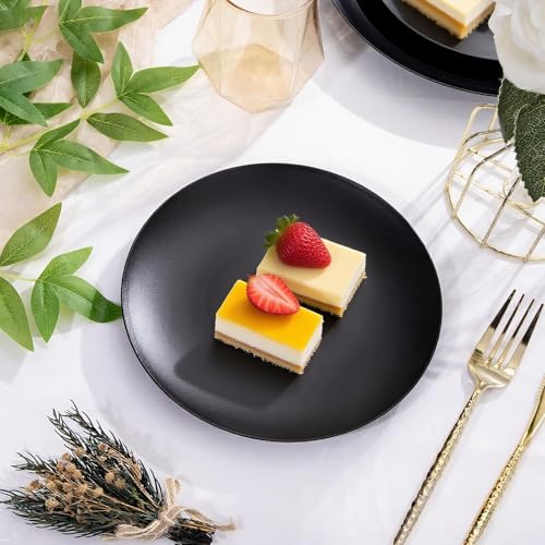 EI enjonirinjonir 80pcs Black Dessert Plates 7.5inch,Disposable Matte Plastic Plate Frosted Small Black Dessert/Cake/Appetizer Plastic Plates Disposable Heavy Duty for Party or Wedding Serve 80 Guest - color: Black Frosted Plastic Dessert Plates