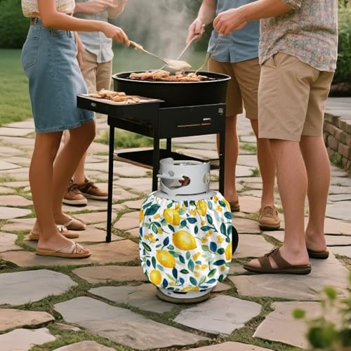 Propane Tank Covers 20lb Watercolor Lemon Outdoor Heavy Duty Waterproof Windproof Gas Tank Cylinder Cover with Elastic Brand, Dress up Your Gas Grill, Fits Standard 20lb Cylinder - color: Watercolor Lemon