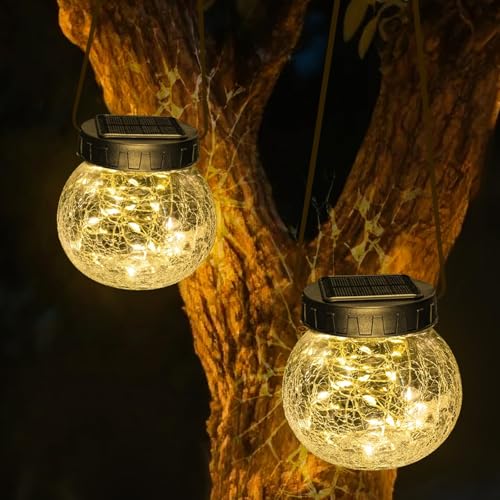Kolpop Solar Lantern, 2 Pack Solar Lights Outdoor Waterproof with 30 LED, Hanging Globes Lights Cracked Glass for Garden Decor Patio Backyard Outdoor,Warm White - color: Warm White, size: 2 Pack