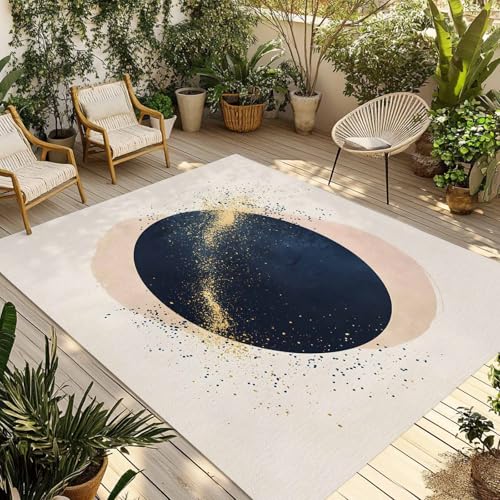 Outdoor Rug 5x7ft, Abstract Navy Blue Geometric Pattern Indoor Area Rug for Patio Backyard Deck Large Floor Mat, Modern Boho Nordic Style Non-Slip Outside Carpet Balcony Porch Camping Rugs Picnic Mat - size: 5' x 7' (Rectangular)