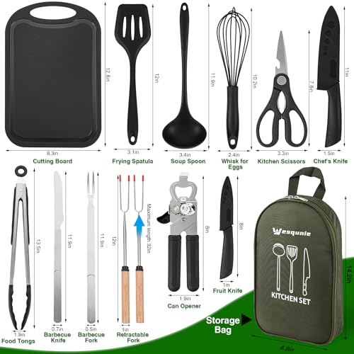 Wesqunie Camping Essentials Cookware Cooking Utensils Set - Portable Camp Kitchen Mess Kit Outdoor Accessories, Stainless Steel & Silicone, Camping Gear Equipment for RV Picnic Grill, 14PCS Green - color: 14PCS Green