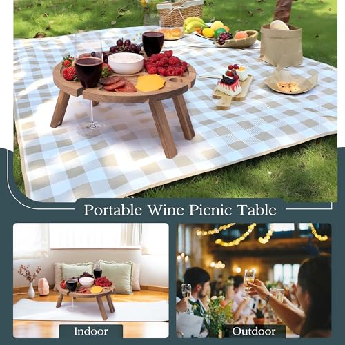 Portable Wine Picnic Table with 4 Wine Glasses Holder, Acacia Natural Wood Foldable Champagne Picnic Snack Table Tray, Perfect for Beach, Camping, Park, Concerts - Ideal Wine Gift for Men & Women