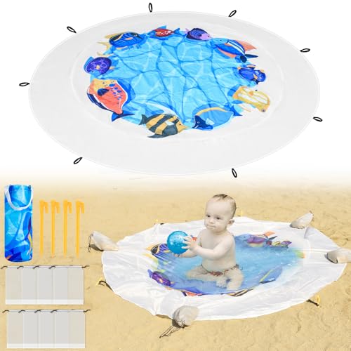 Dia 6.5Ft Baby Beach Pool, 2 in 1 Portable Round Kids Beach Play Pool Puddle Toddler Beach Blanket and Kiddie Pools Blue Cartoon Childs Sand Pit Paddling Pools with Water Bag for Boy Girl Outdoors - size: Round Diameter 2m / 6.5ft