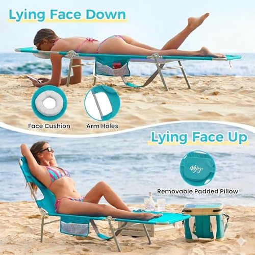 #WEJOY Folding Tanning Chair with Face Hole, 5 Positions Face Down Beach Lounge Chairs with Pillow for Outside Sunbathing Poolside (Cyan) - color: Readease-face Hole Cyan, style: ReadEase 5 Position Face Hole