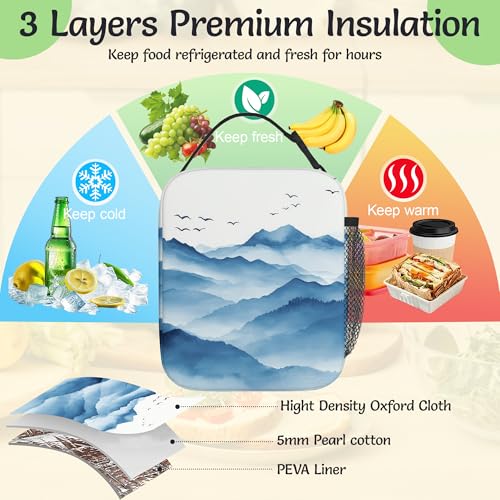 Insulated Lunch Bag,Blue Mountain Durable Lightweight Lunch Box for Kids,Watercolor Hill Portable Thermal Picnic Cool Bags Girls Boys School Daycare,Work,Camping - color: Blue Mountain