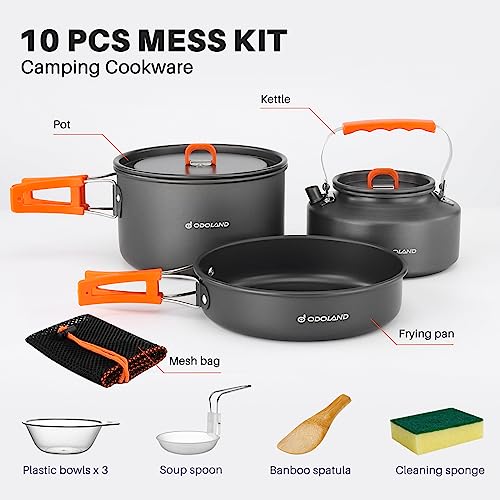 Odoland 10pcs Camping Cookware Camping Pots and Pans Set with Kettle Plastic Bowls and Soup Spoon for Camping, Backpacking, Outdoor Cooking and Picnic - size: 2l Pot + 0.7l Fry Pan + 1.1l Kettle